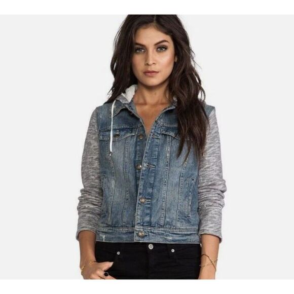Free People Denim Knit Sleeve Hoodie Jacket Women's Size Medium - Picture 1 of 16